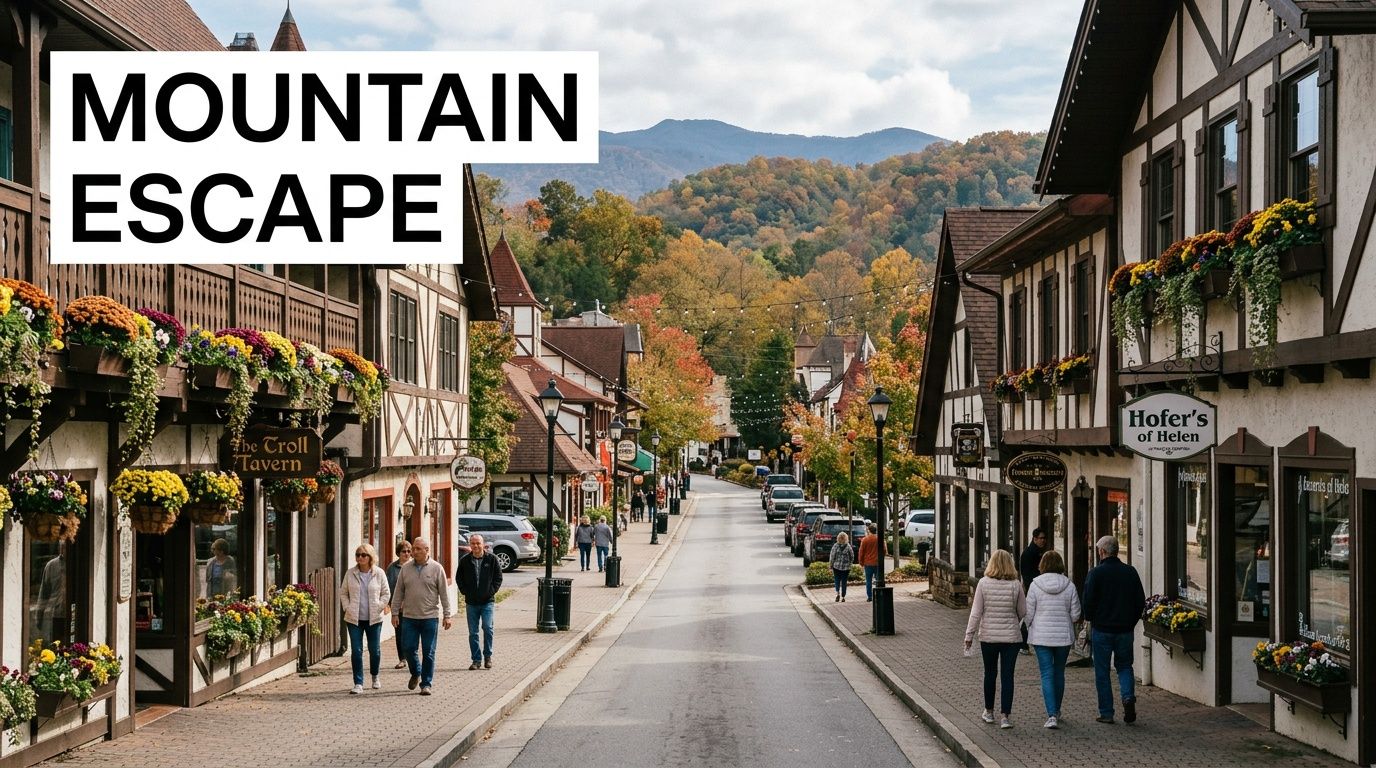 A charming Bavarian-style town street in Helen, Georgia, featuring shops with hanging flower baskets and autumn mountains.
