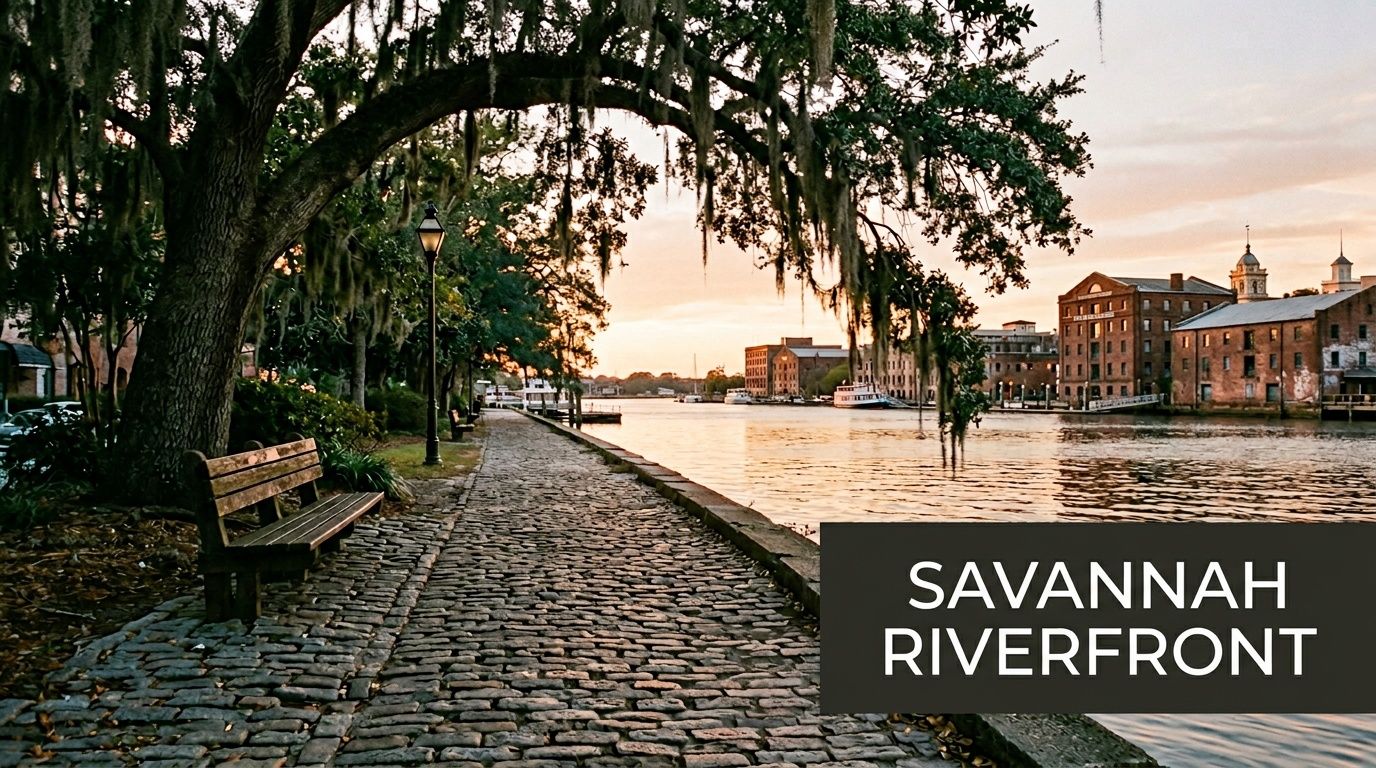 A scenic view of the Savannah riverfront at sunset with a cobbled stone path and wooden bench.