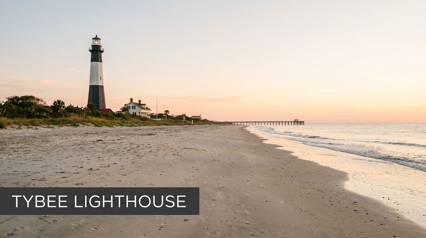 The historic Tybee Lighthouse stands tall on a sandy beach during a serene and beautiful sunset.