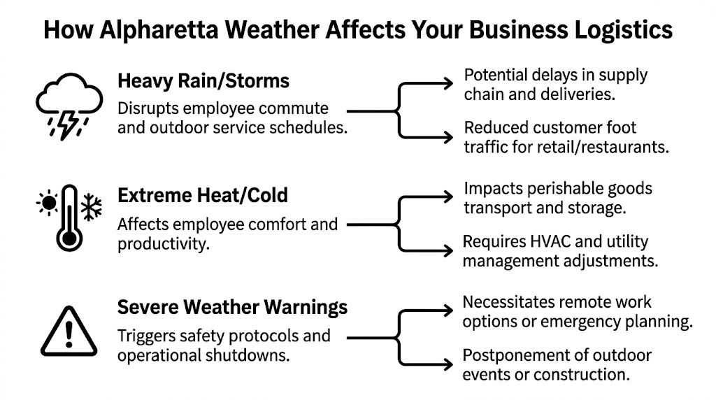 An infographic showing how different weather conditions in Alpharetta impact local business operations and logistics.
