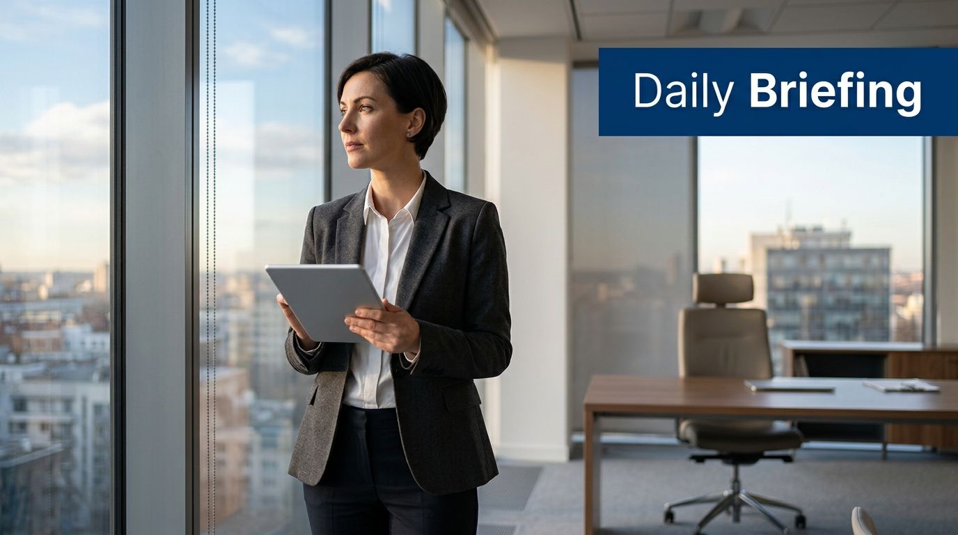 A businesswoman in a suit holds a tablet and looks out a large office window.