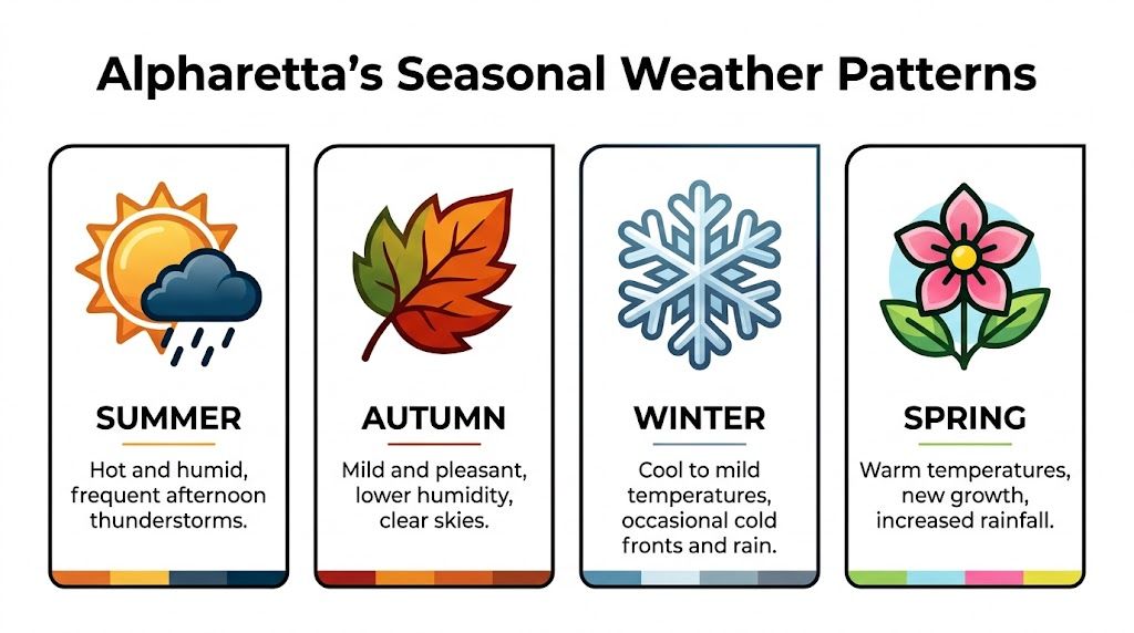 An infographic showing Alpharetta's four seasonal weather patterns including descriptions for Summer, Autumn, Winter, and Spring.