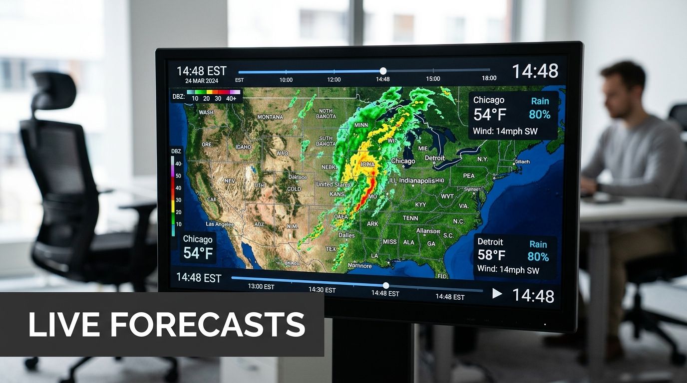 A computer monitor displaying a live weather radar map over the United States in a modern office.