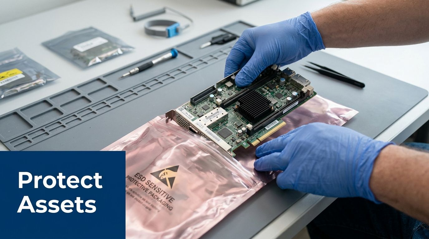 A technician wearing blue gloves handles an electronic circuit board above an anti-static bag on a workbench.