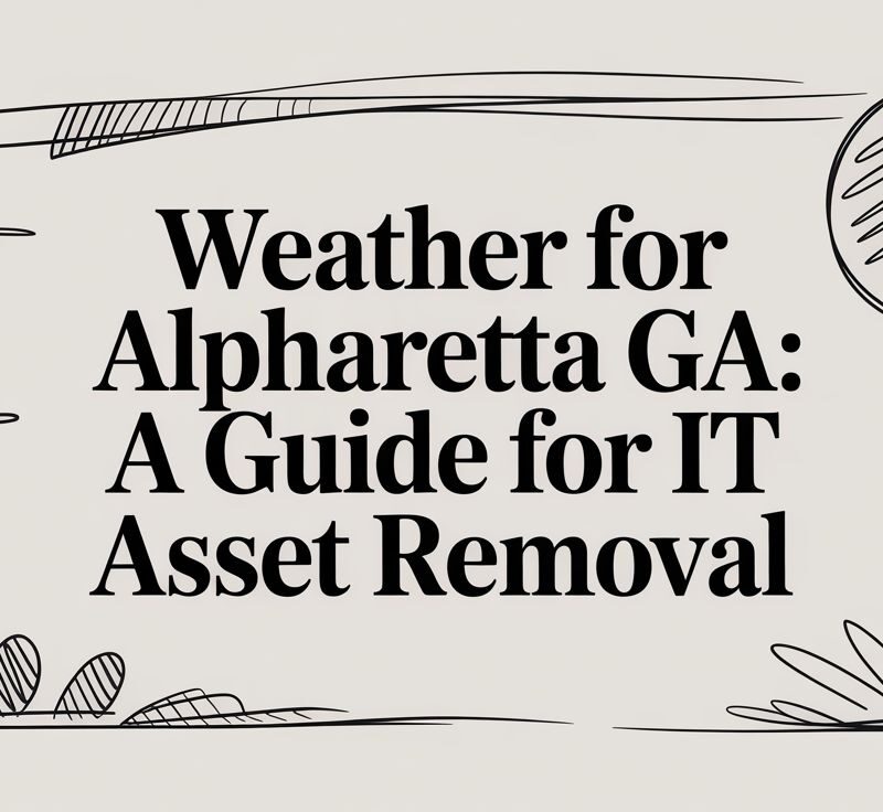 Header graphic reading 'Weather for Alpharetta GA: A Guide for IT Asset Removal' with hand-drawn border doodles.