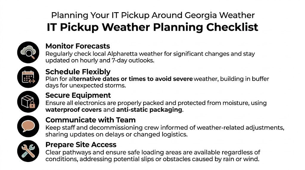 A checklist infographic titled IT Pickup Weather Planning providing tips for safely scheduling technology equipment pickups in Georgia.