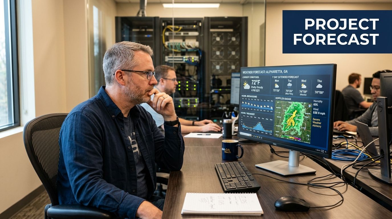 A professional analyzing a weather dashboard showing Alpharetta, Georgia forecasts in an office with server racks.