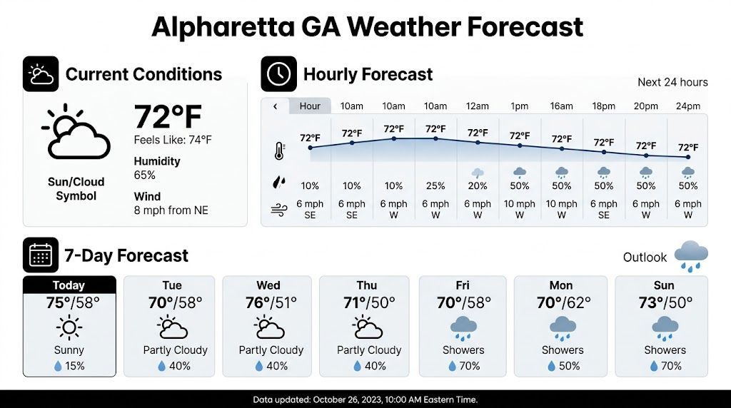 A weather forecast dashboard for Alpharetta GA displaying current conditions, hourly trends, and a seven-day outlook.