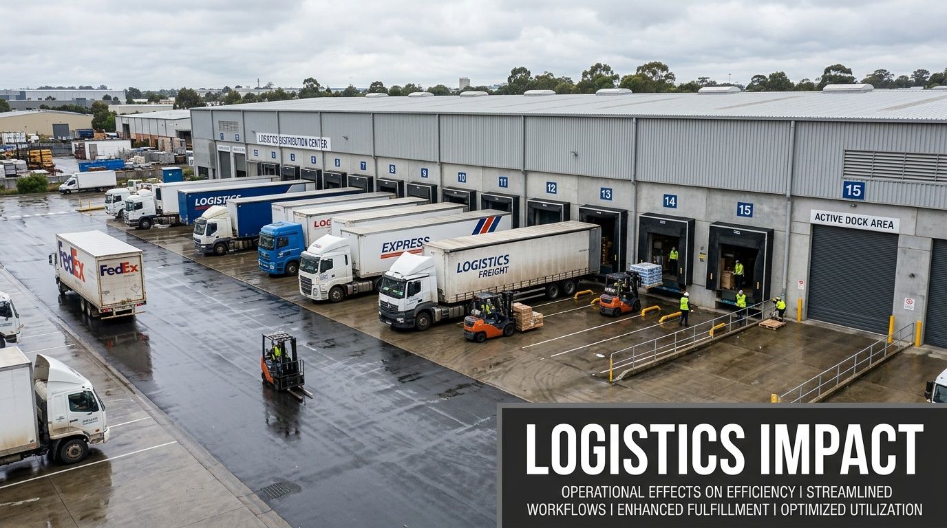 A logistics distribution center featuring multiple loading docks, parked semi-trucks, and a forklift operating on the pavement.