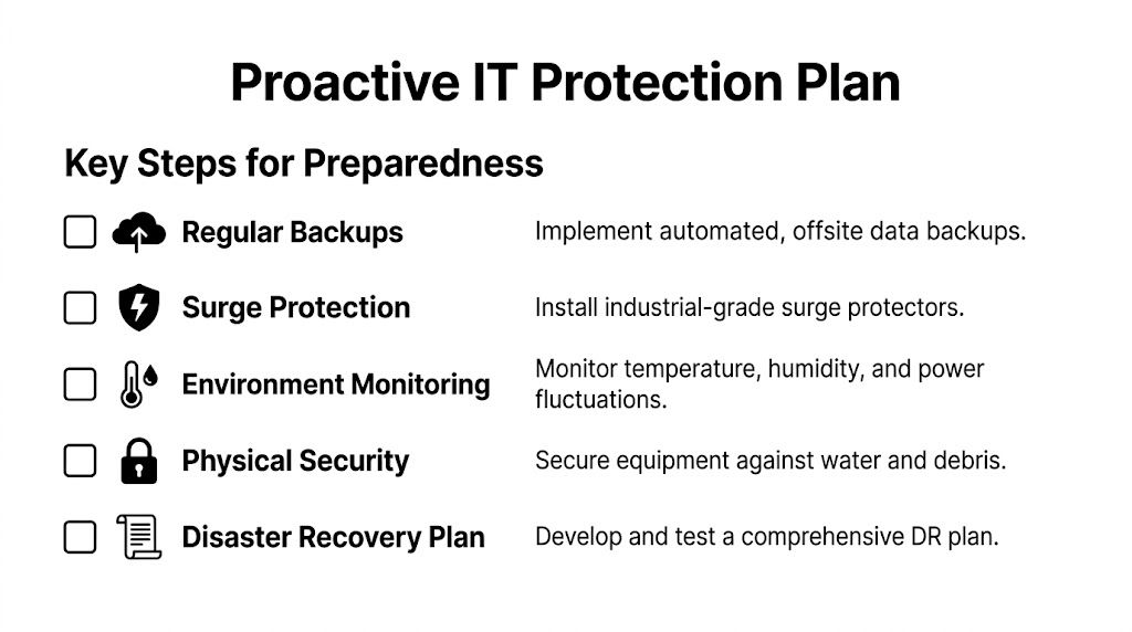 A checklist titled Proactive IT Protection Plan featuring steps like regular backups and disaster recovery for businesses.