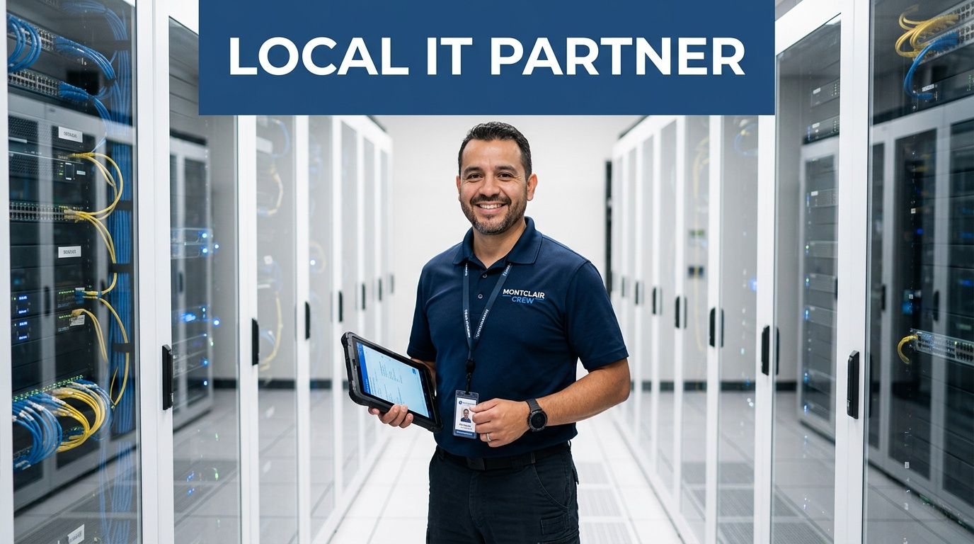 A professional IT technician holding a tablet while standing in a modern, well-organized server room.