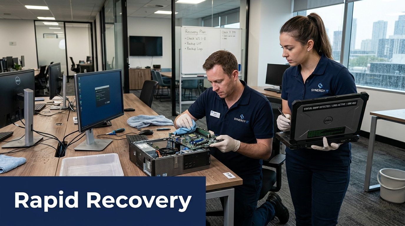 A professional technician repairing a computer motherboard while his colleague observes with a rugged laptop in an office.