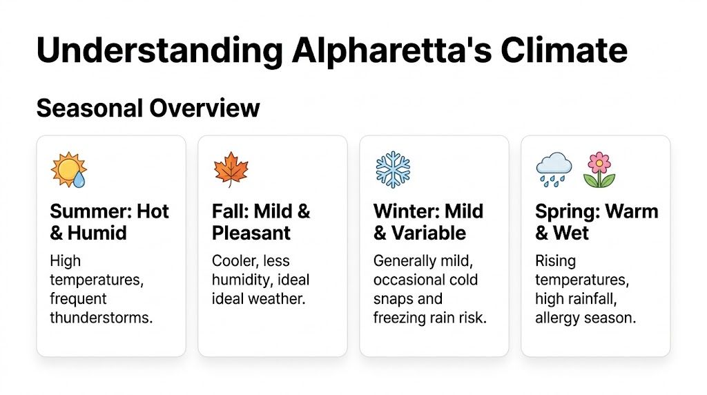 A visual guide summarizing the four distinct seasons and climate characteristics in Alpharetta, Georgia.