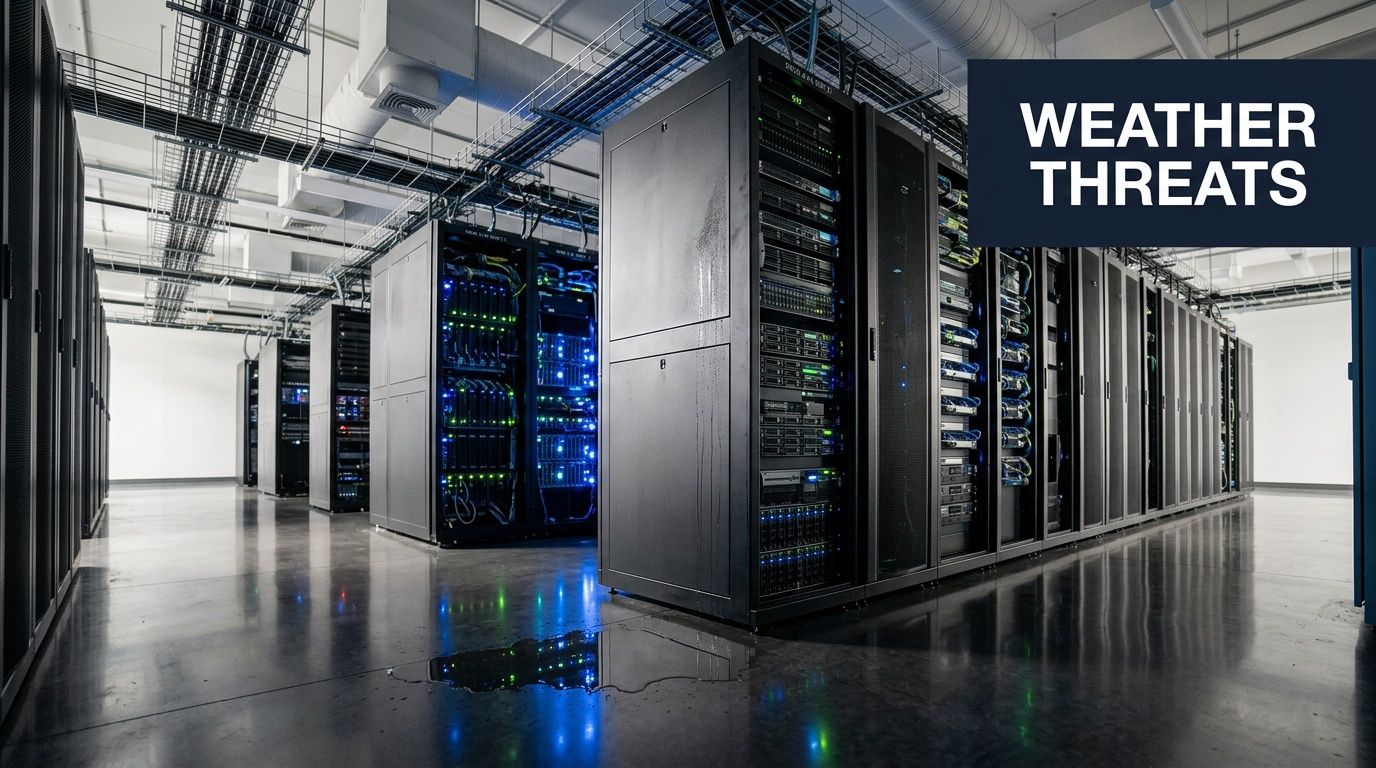 A rows of server racks in a data center with water leaking onto the reflective concrete floor.