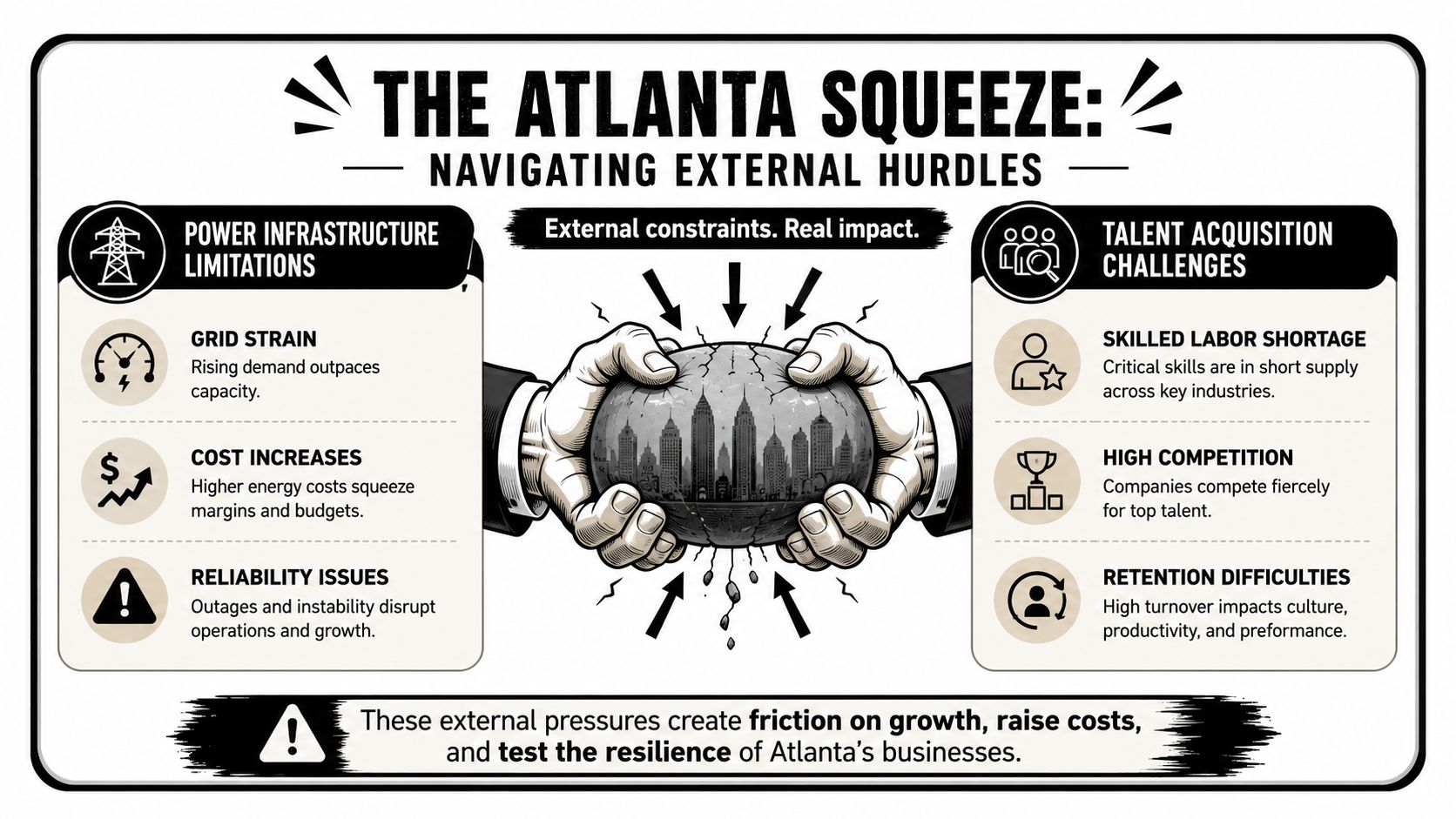 An infographic titled The Atlanta Squeeze illustrating power grid limitations and talent acquisition challenges facing businesses in Atlanta.