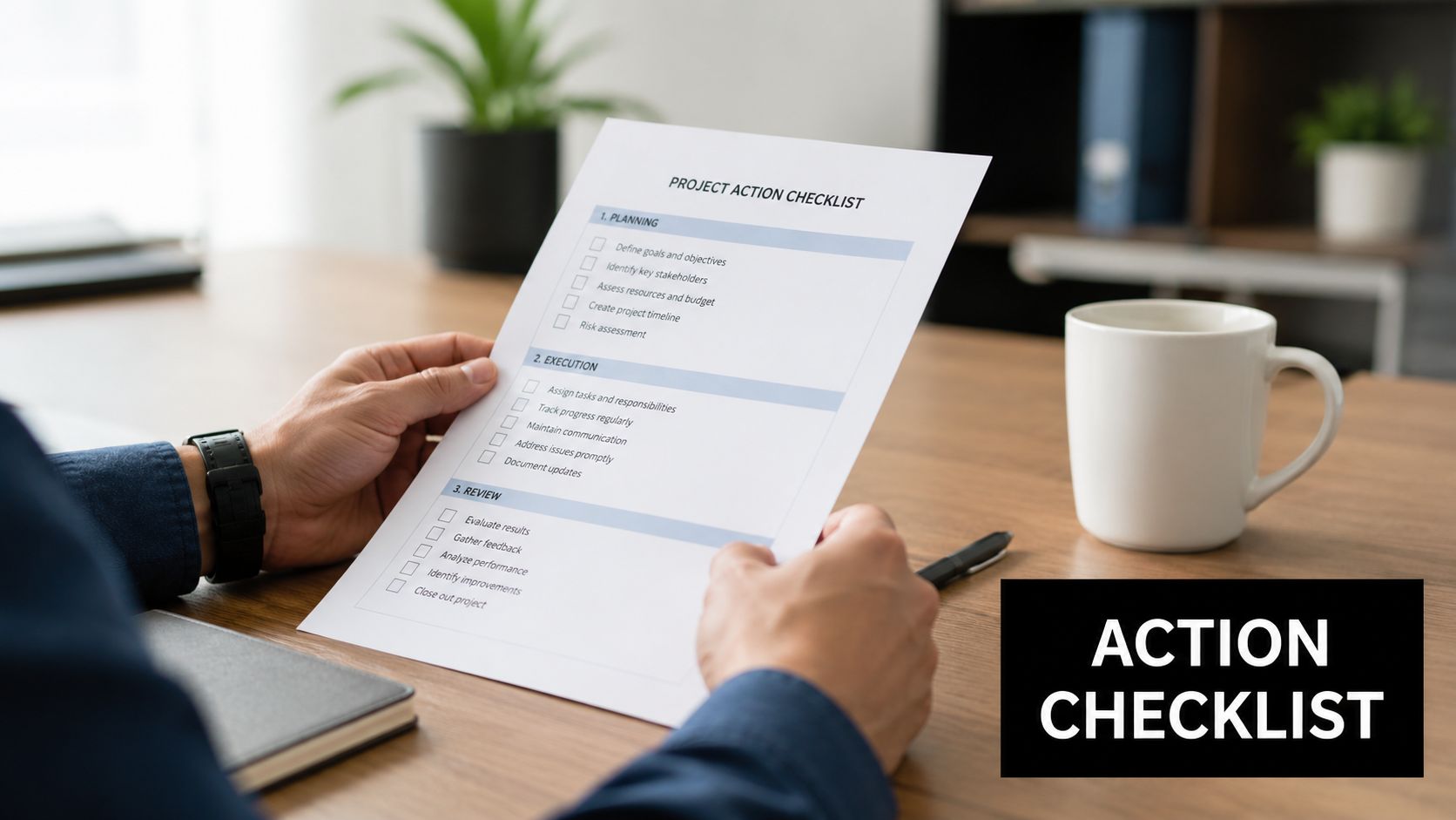 A person holding a printed project action checklist while working at an office desk with a mug.