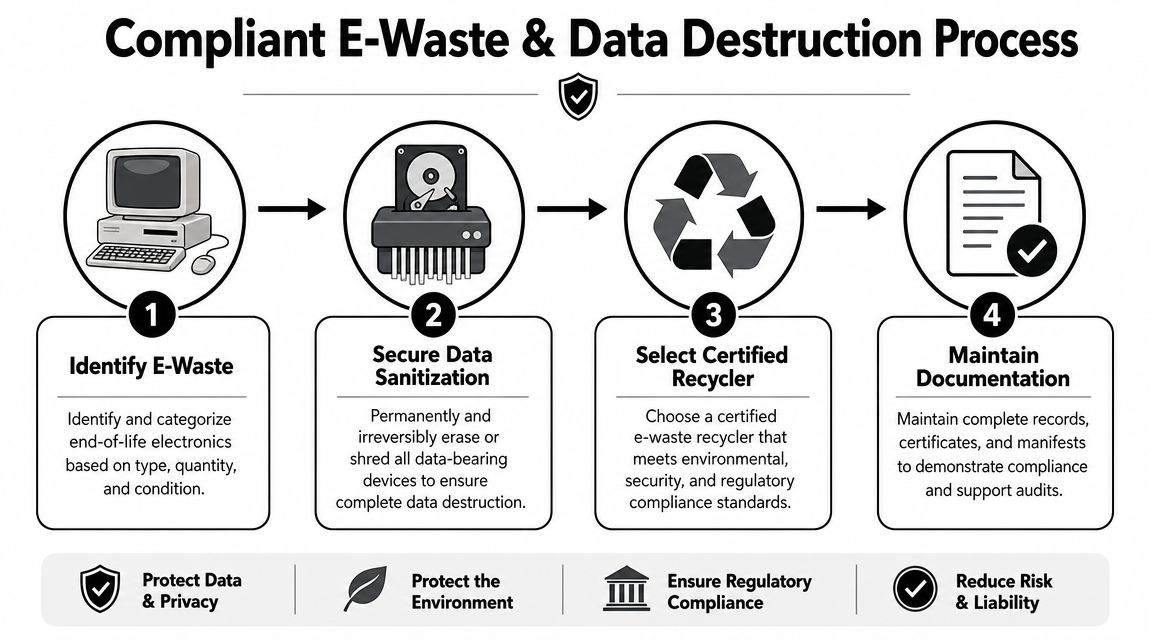A four-step infographic showing the compliant e-waste disposal and data destruction process for businesses.
