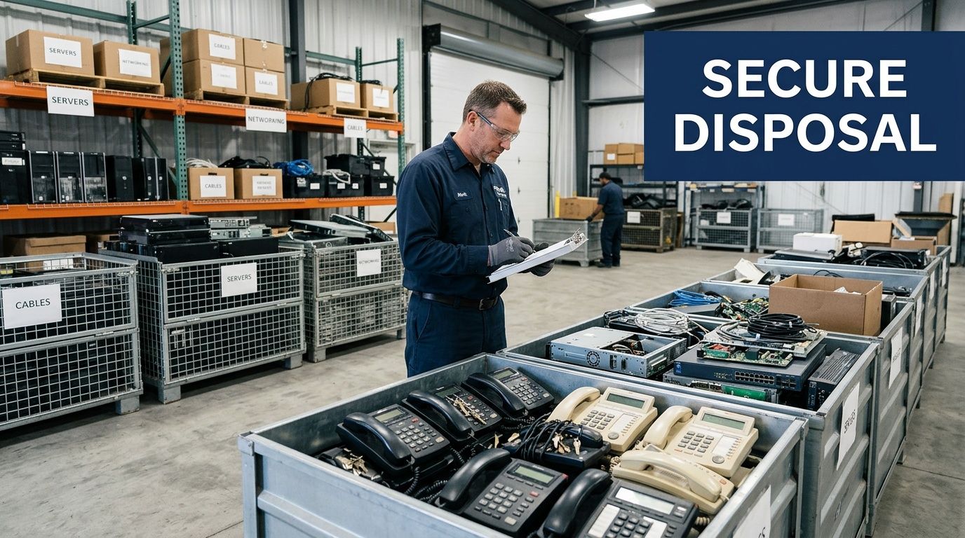 A warehouse worker inspecting inventory in a facility specializing in secure electronic waste disposal and recycling services.