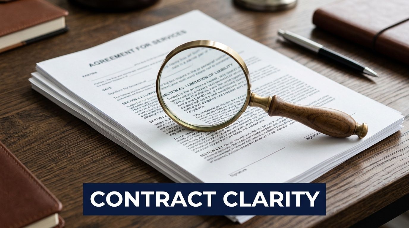 A magnifying glass resting on a legal document titled Agreement for Services on a wooden desk.