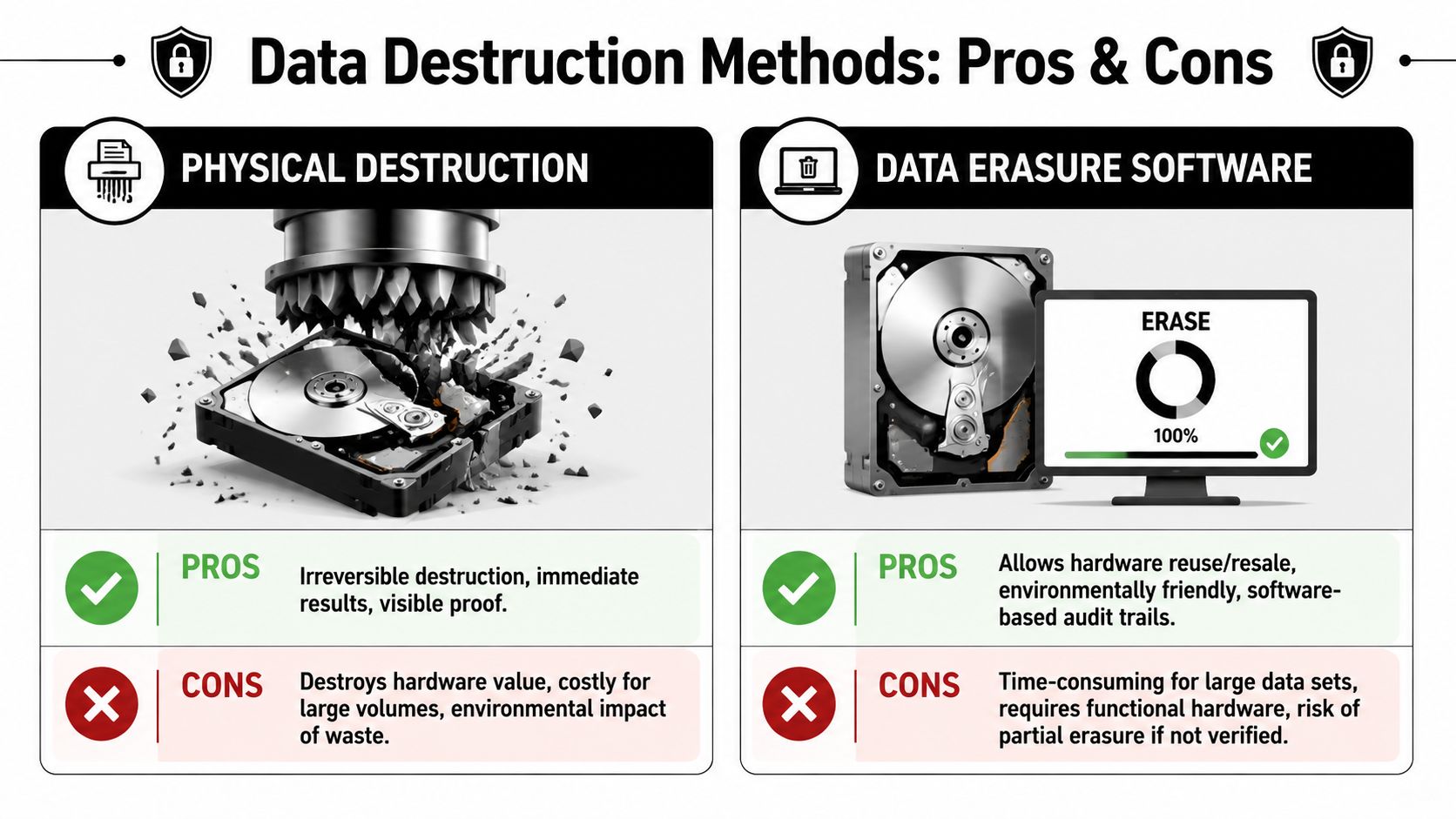 A comparison chart showing pros and cons of physical data destruction versus data erasure software methods.