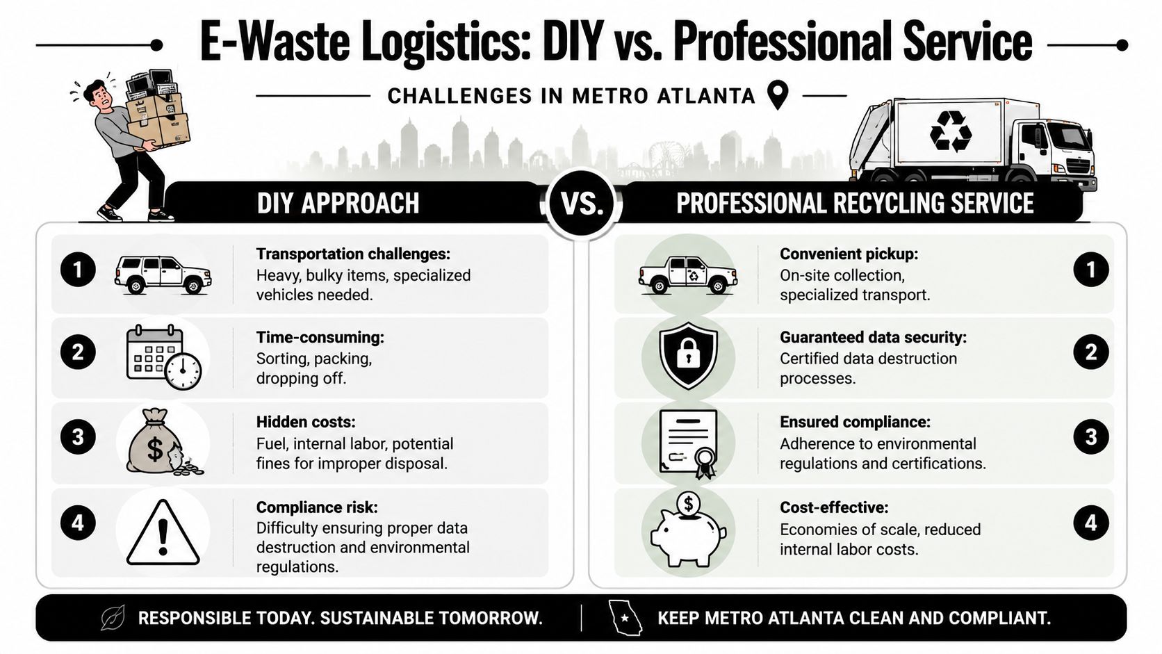 A comparison chart showing DIY e-waste disposal challenges versus the benefits of using a professional recycling service.
