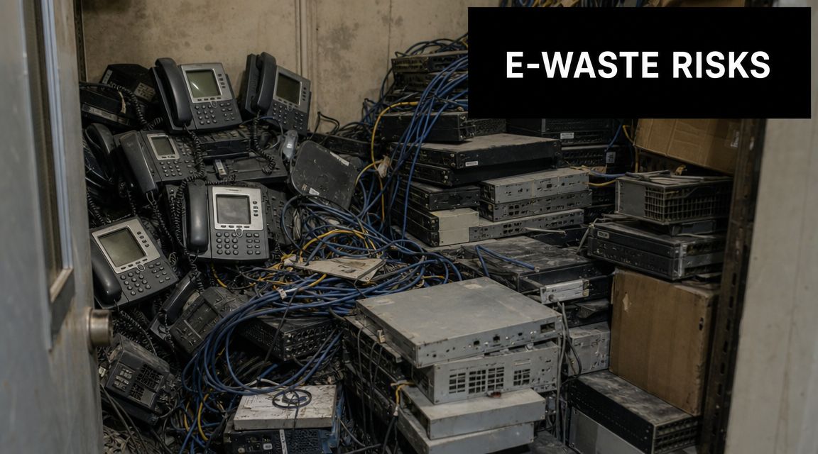A cluttered storage room filled with piles of obsolete office telephones and tangled network server equipment.