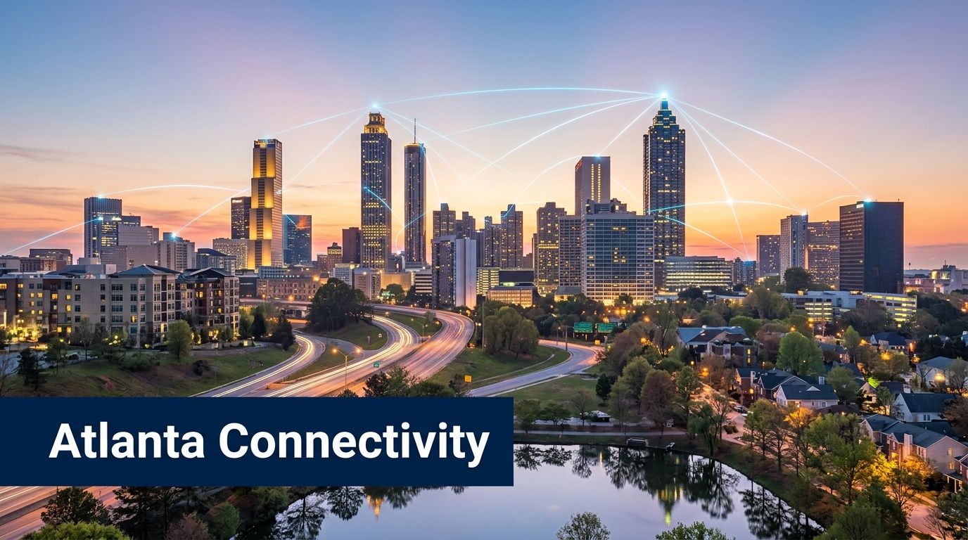 A scenic sunset view of the Atlanta skyline illuminated with digital connectivity lines representing enterprise network solutions.