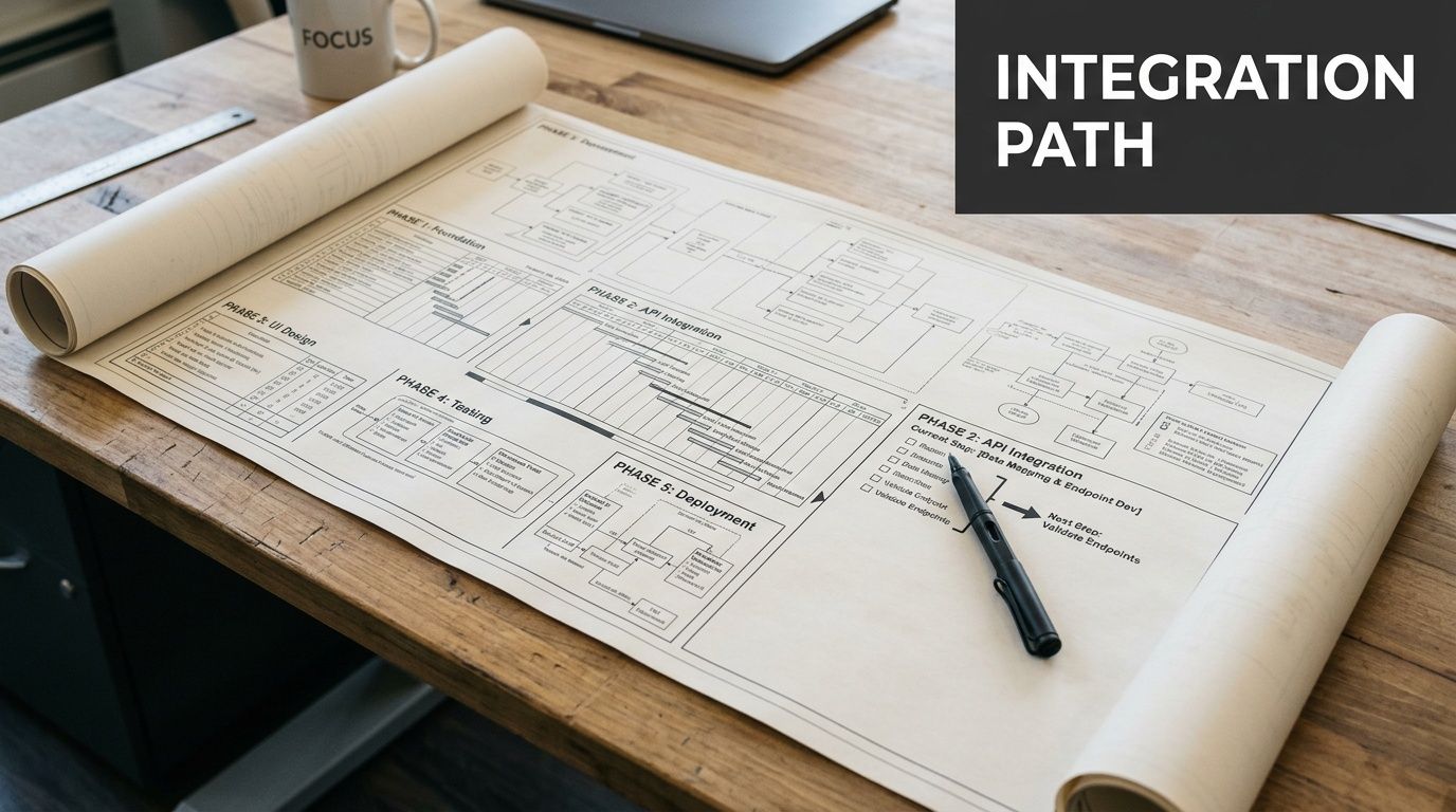 A printed blueprint of an enterprise integration plan lying on a wooden desk with a pen.