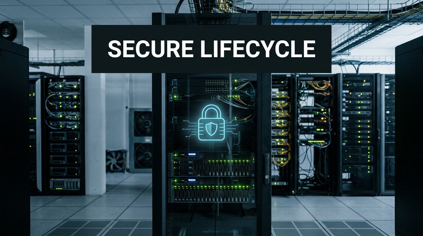 A server room in a data center featuring a glowing lock icon symbolizing secure lifecycle management.