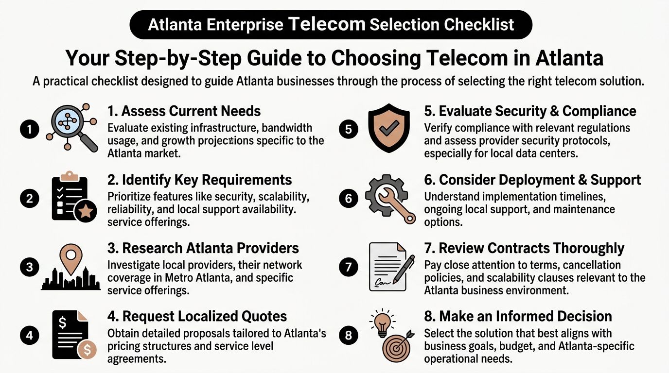 A step-by-step checklist infographic for businesses selecting enterprise telecom solutions in the Atlanta market.