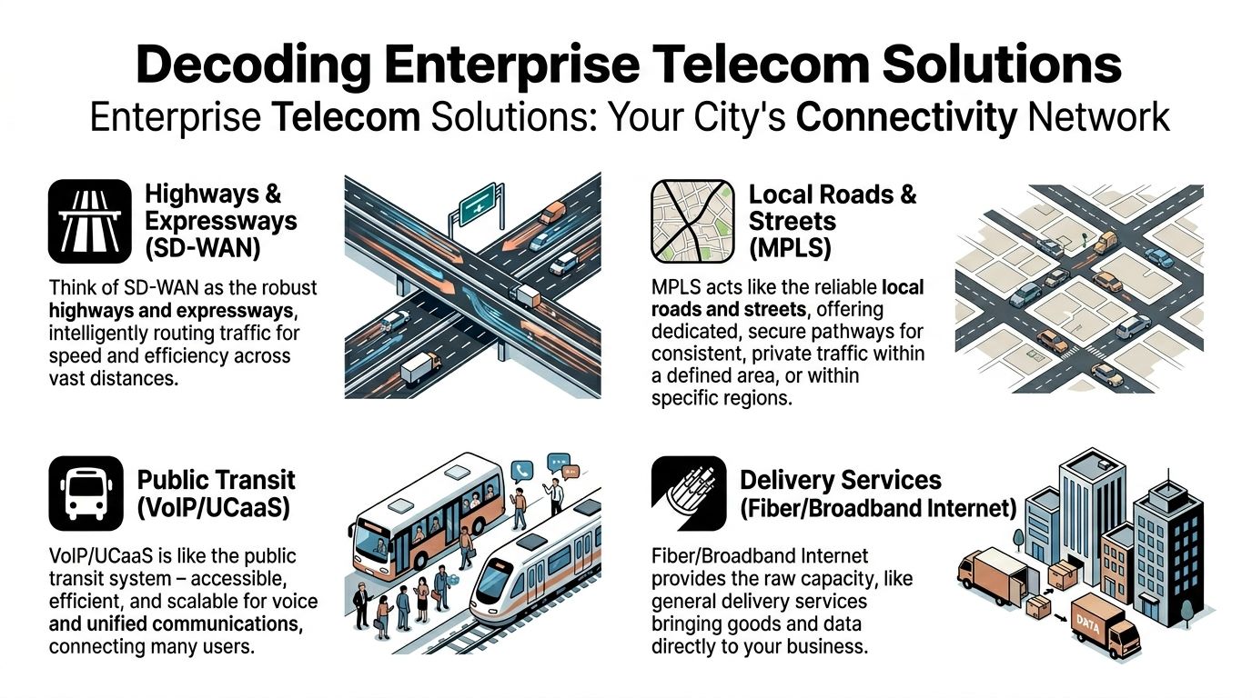 An infographic explaining enterprise telecom solutions by comparing SD-WAN, MPLS, VoIP, and broadband to city transportation.