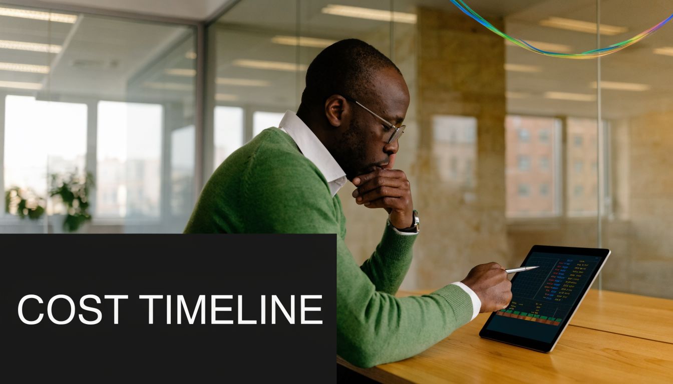 A professional man reviewing data on a tablet in a modern office with a cost timeline label.