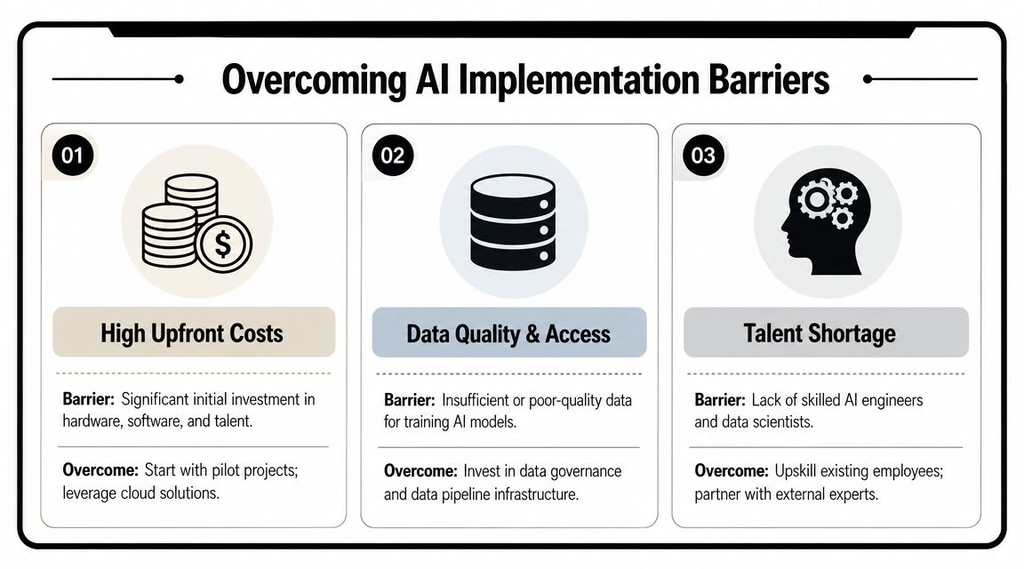 A visual guide outlining three key barriers to AI implementation and strategies for businesses to overcome them.