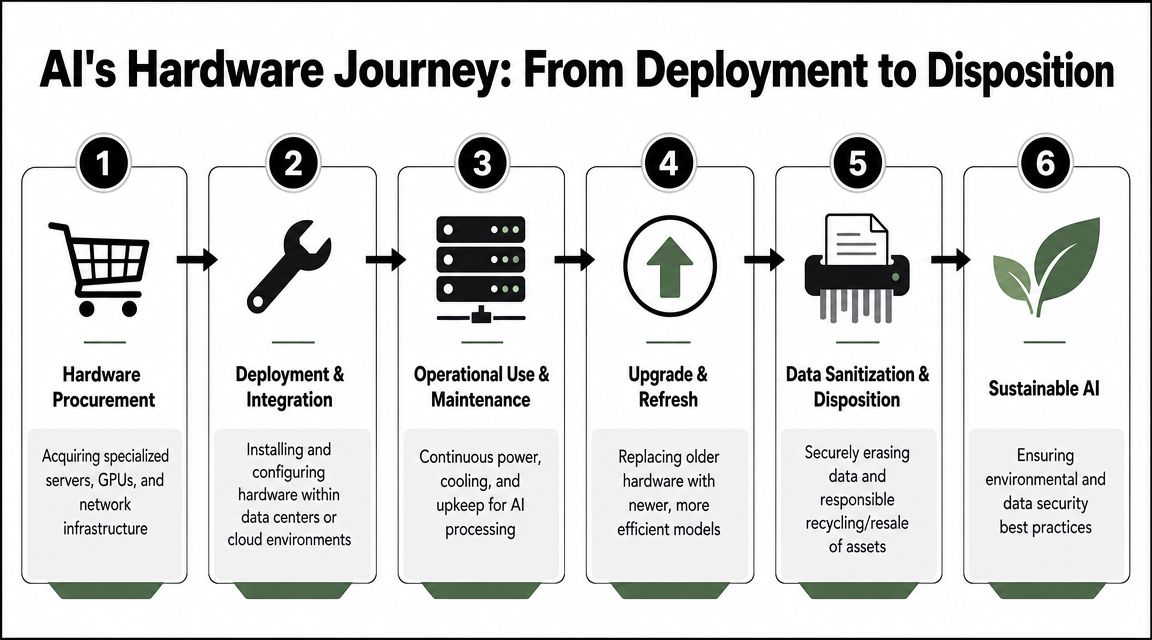 A six-step infographic illustrating the lifecycle of AI hardware from initial procurement to sustainable disposition practices.
