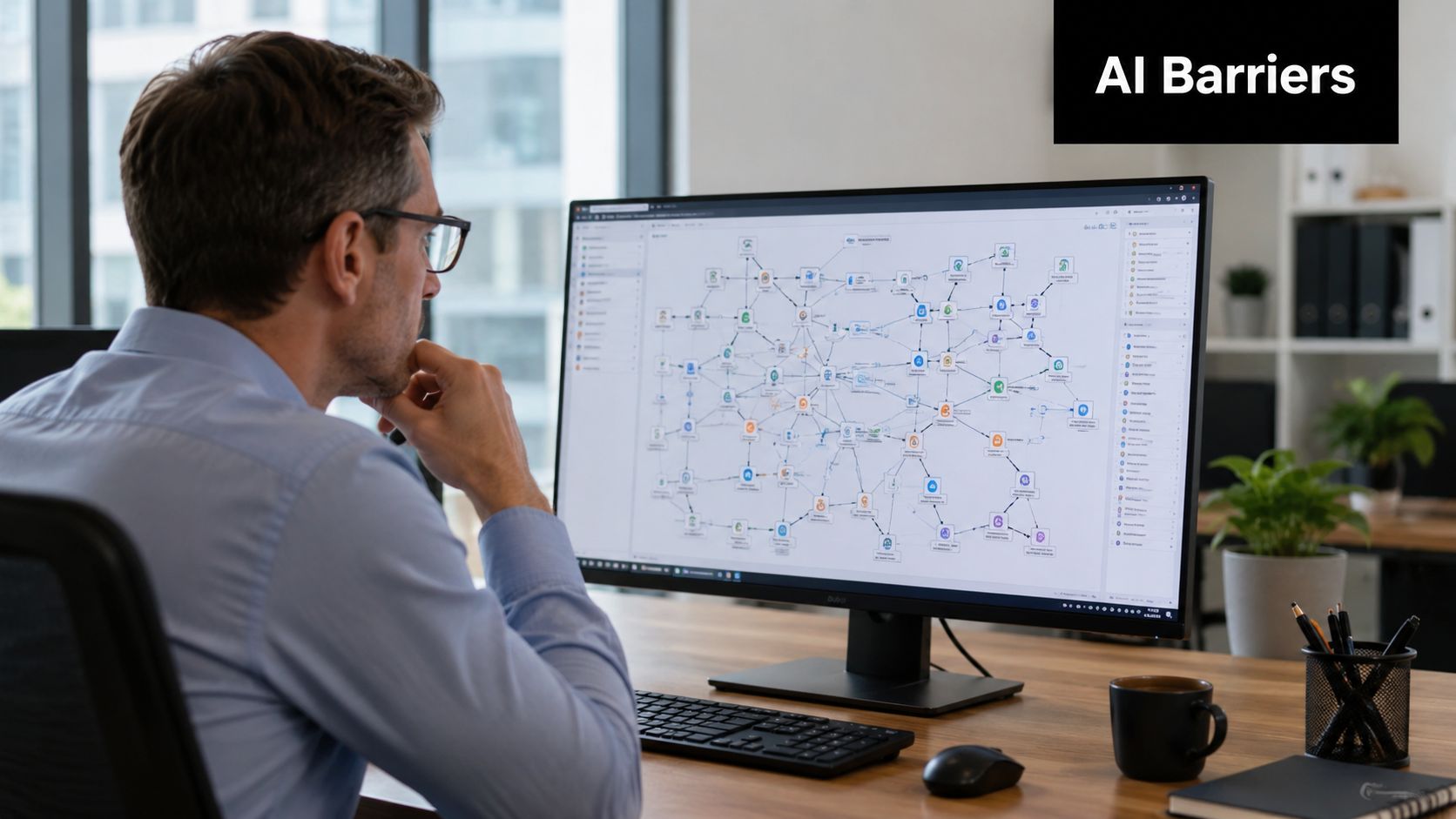 A professional man at a desk observing a complex AI workflow diagram on his large computer monitor.