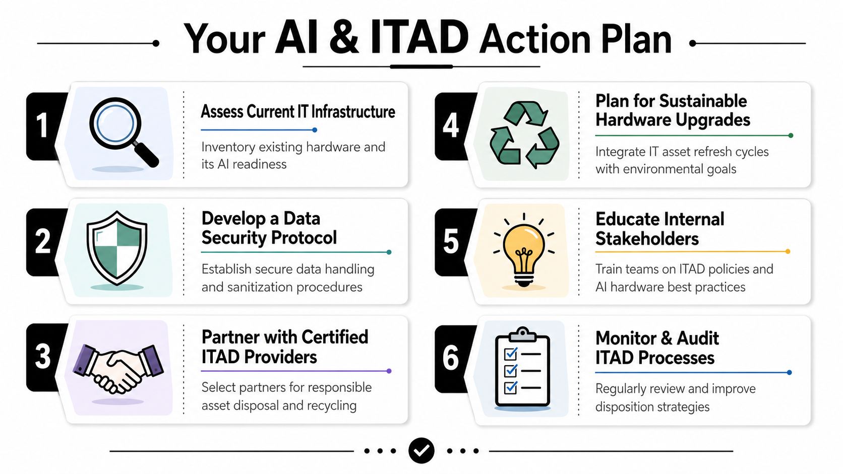 A six-step infographic outlining a strategic plan for integrating AI and IT asset disposition (ITAD) within a business.