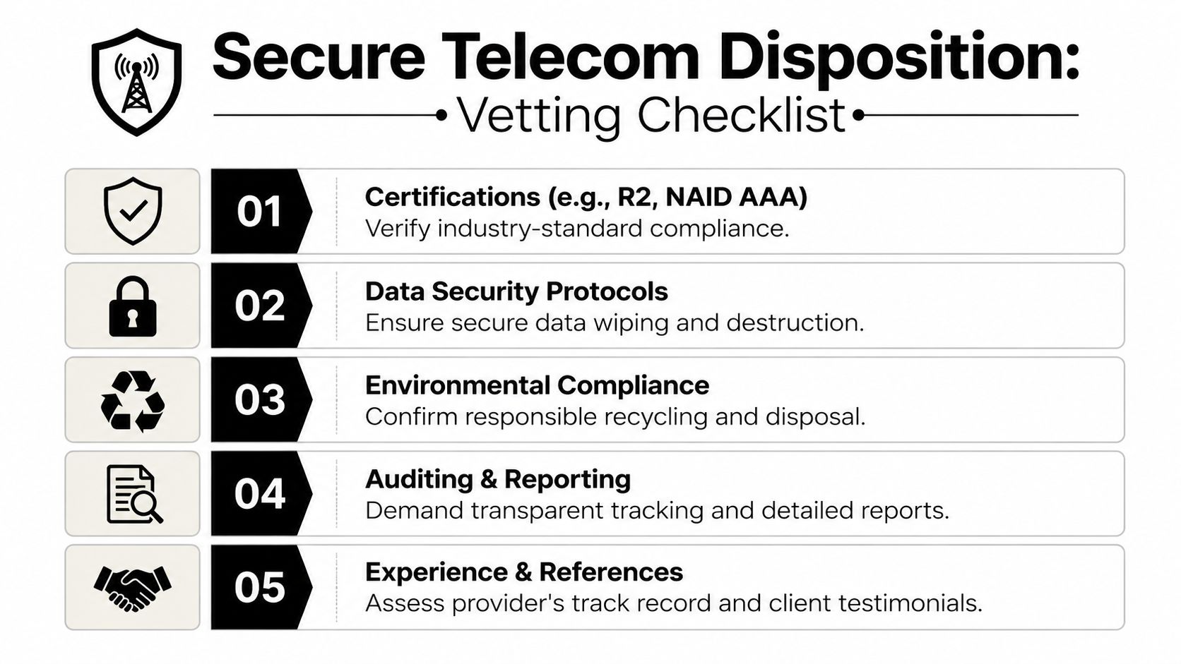 A five-point checklist outlining the essential criteria for secure telecommunications equipment disposition and data security.