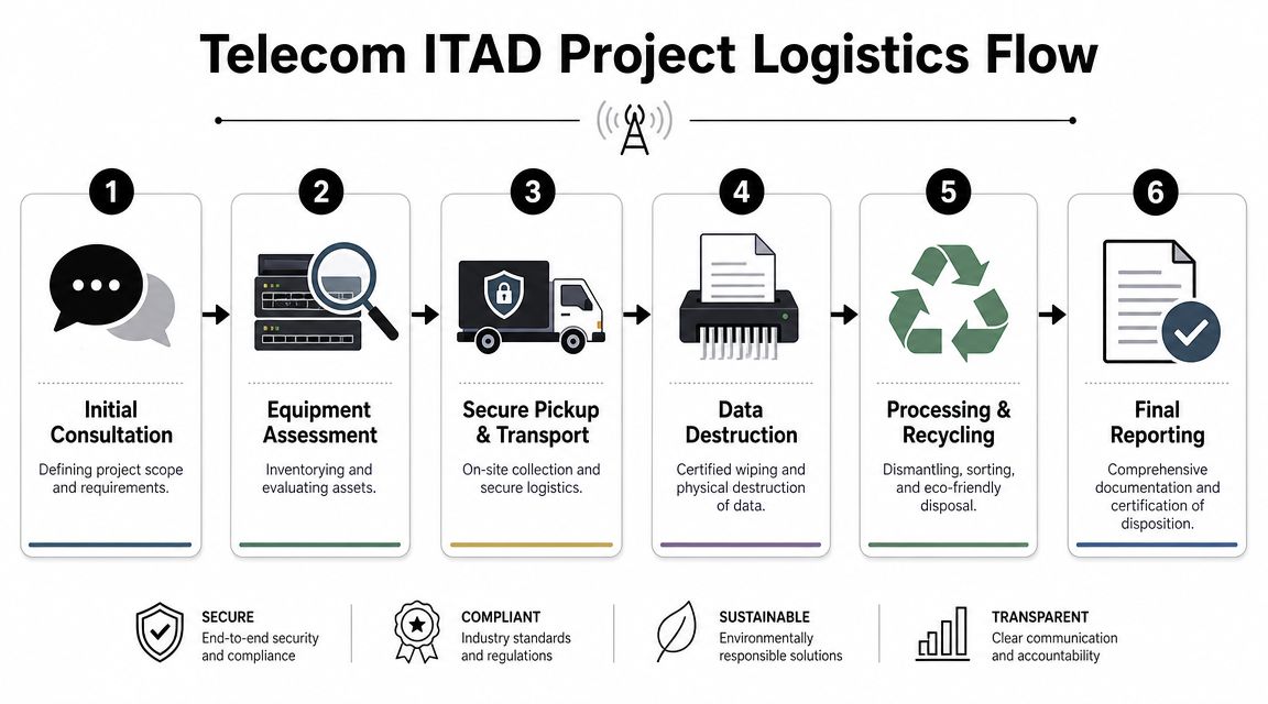 A flowchart showing the six-step logistics process for telecom IT asset disposition services and recycling.