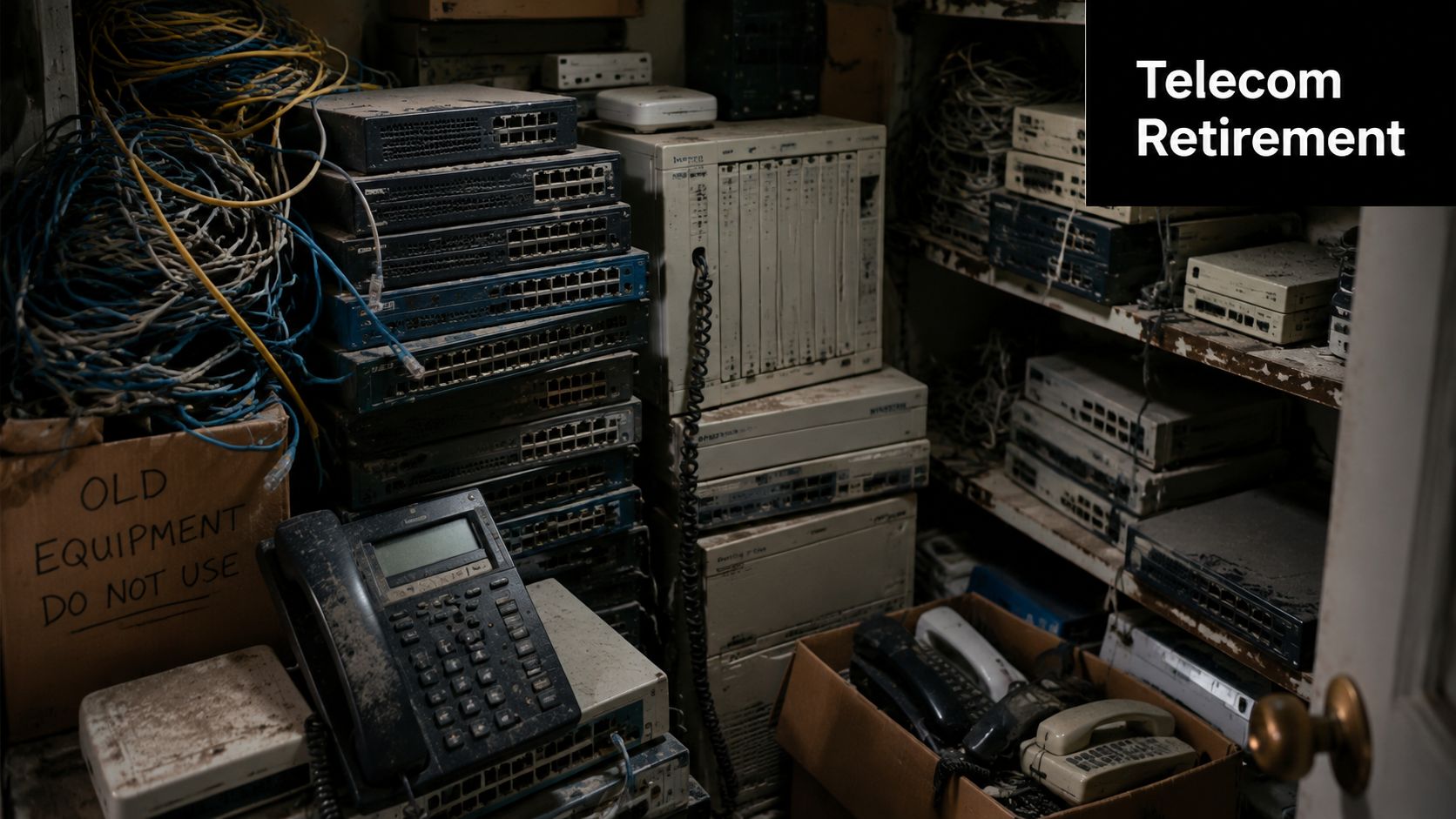 A storage room filled with old, dusty telecommunications hardware, network switches, and discarded office phones.