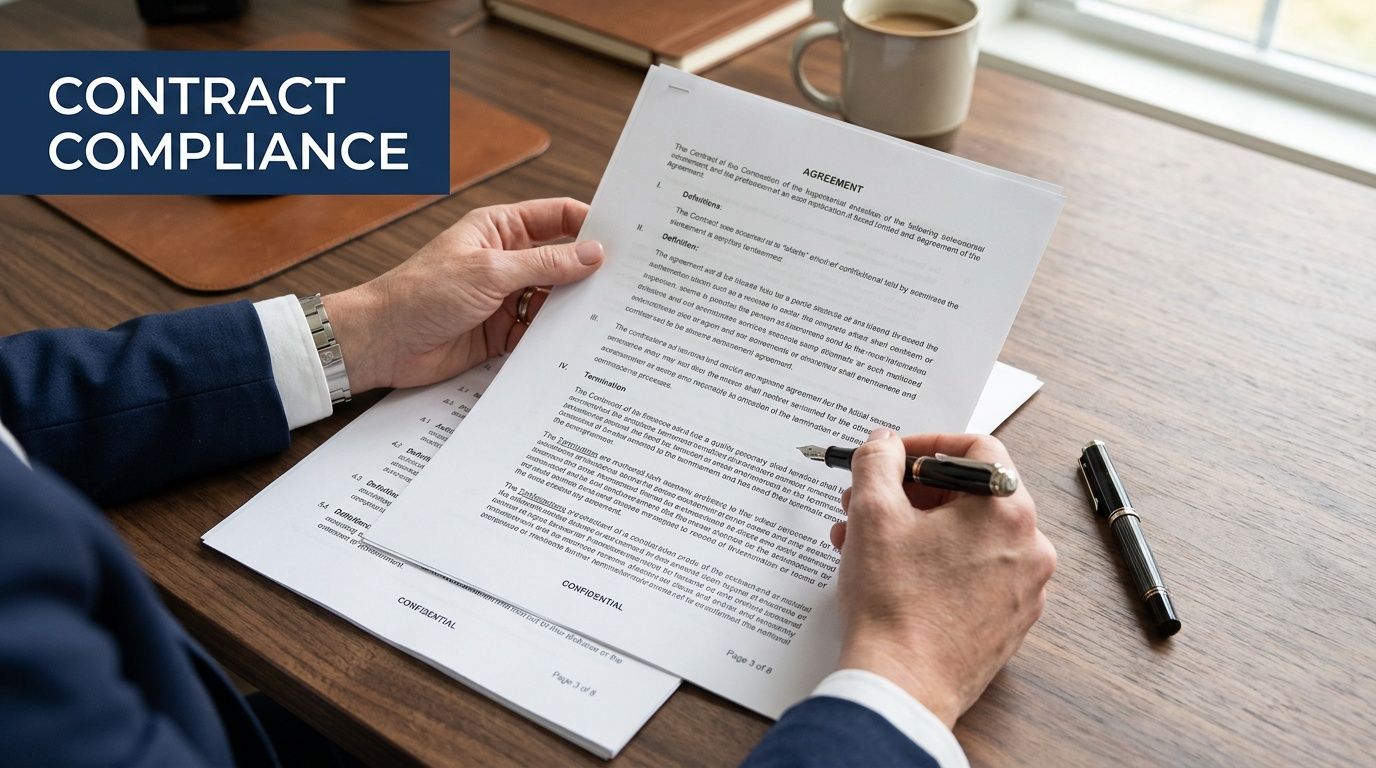 A professional reviewing a legal contract regarding compliance while sitting at a desk with a coffee mug.
