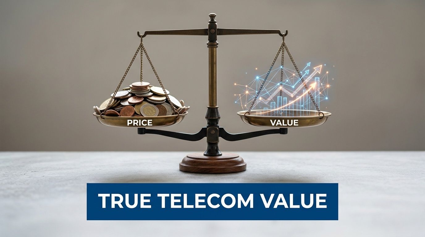 A balanced scale comparing money representing price on the left and digital growth charts representing value.