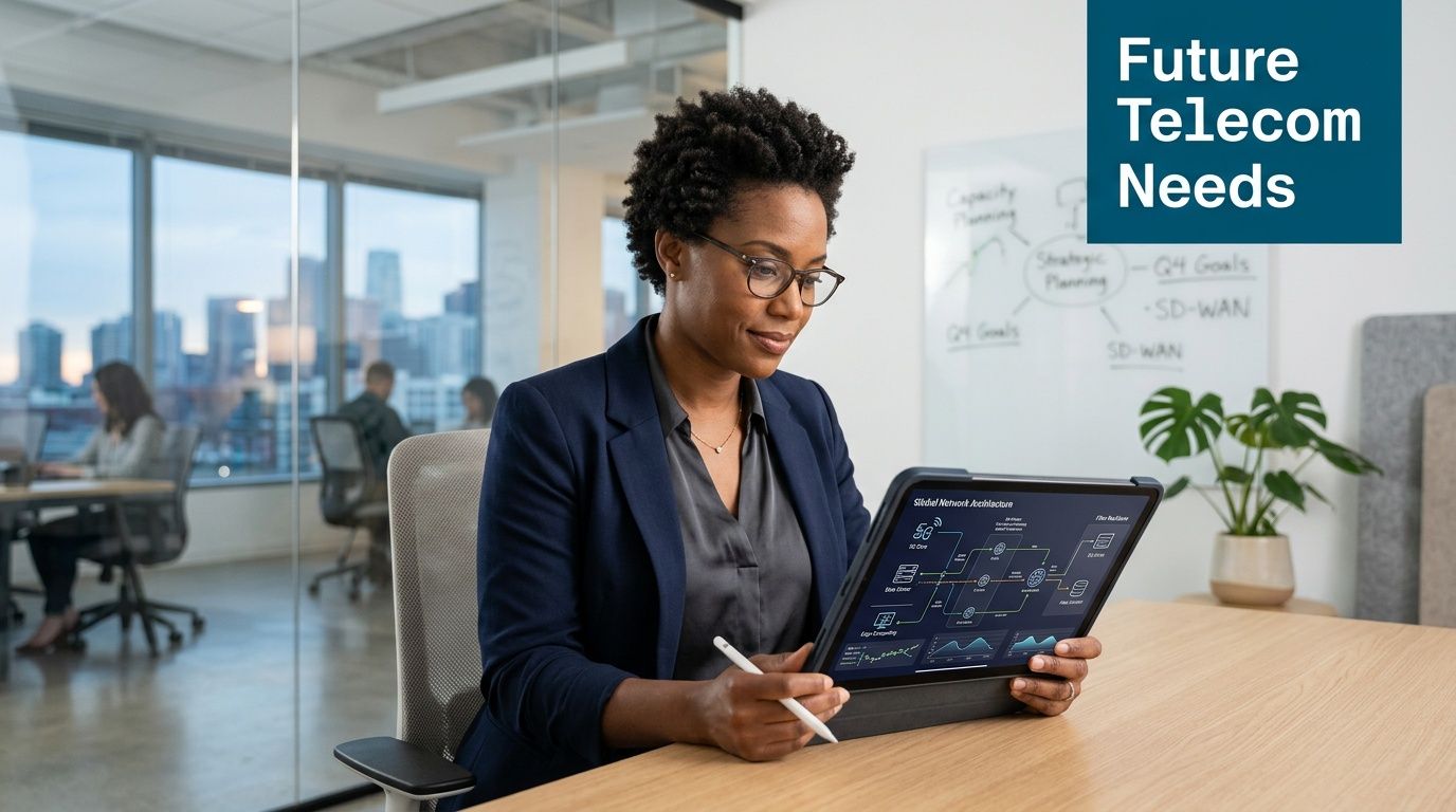 A professional woman in an office setting reviewing managed telecom network architecture on a digital tablet.