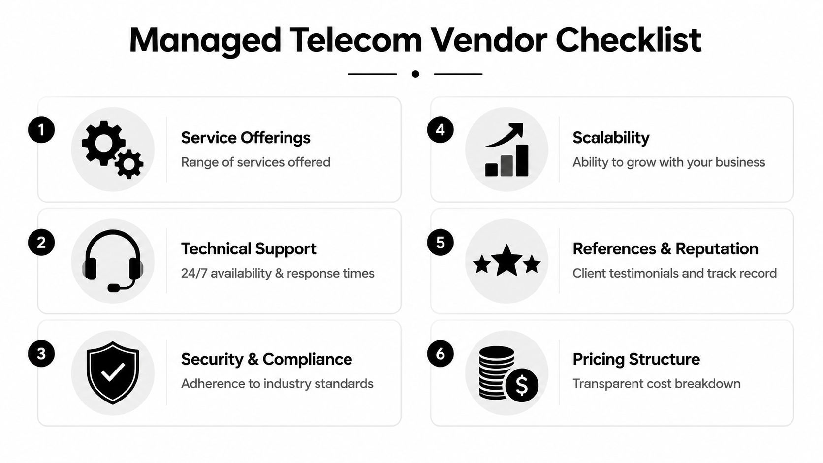 A six-point infographic checklist outlining key considerations for selecting a managed telecom services provider.