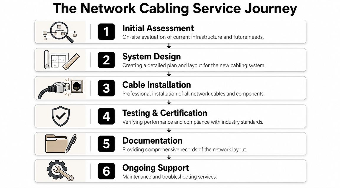 A six-step infographic illustrating the professional network cabling service journey from initial assessment to ongoing support.
