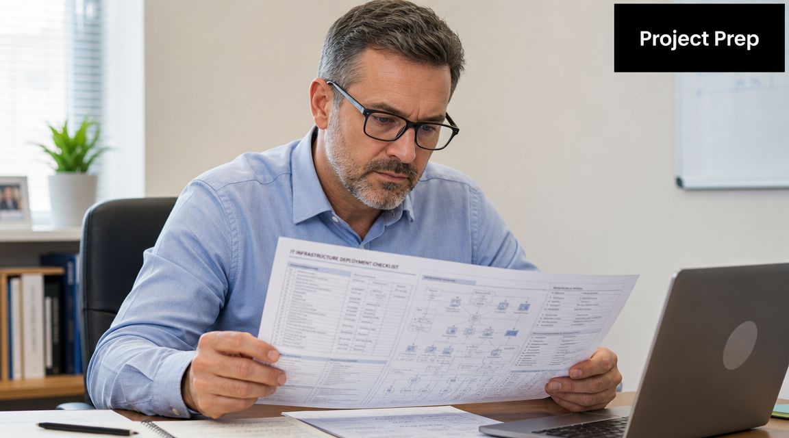 A professional man in a business shirt reviews an IT infrastructure deployment checklist at his office desk.