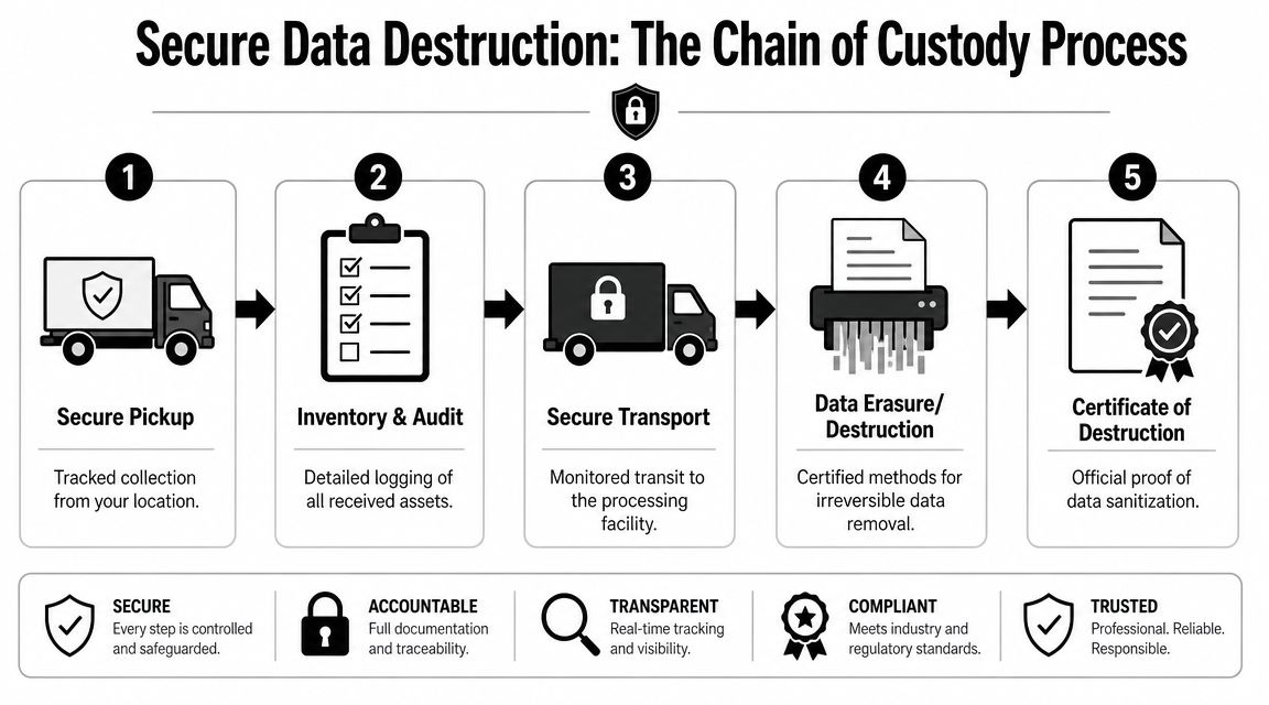 A five-step process diagram illustrating secure data destruction and chain of custody for electronic recycling.