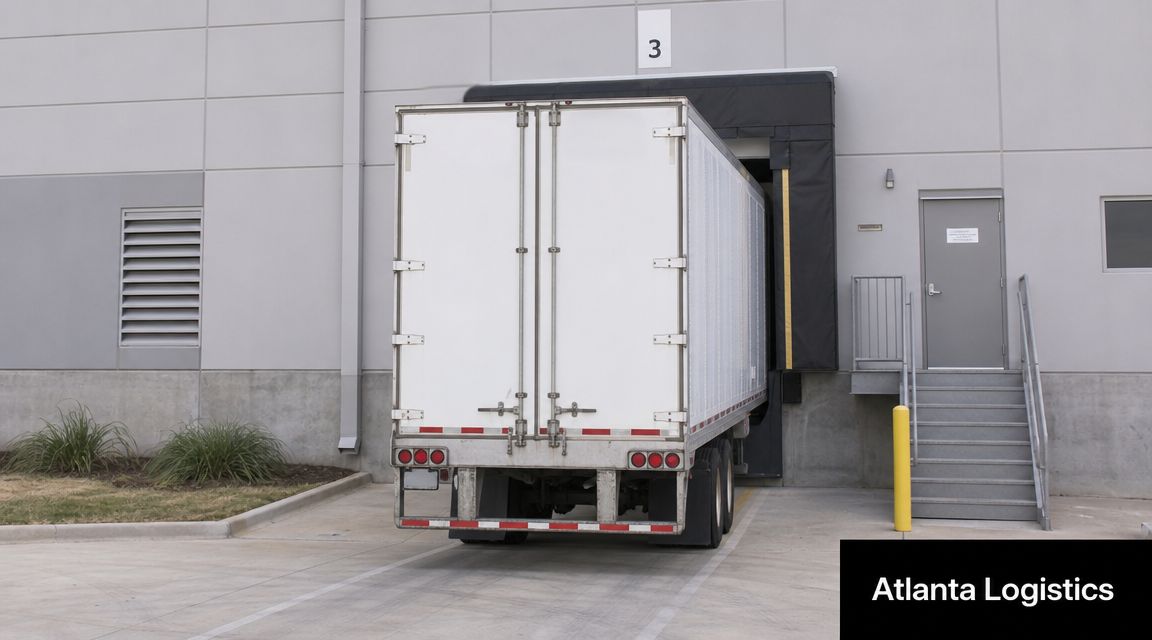 A large white semi trailer parked at a loading dock at the Atlanta Logistics warehouse facility.