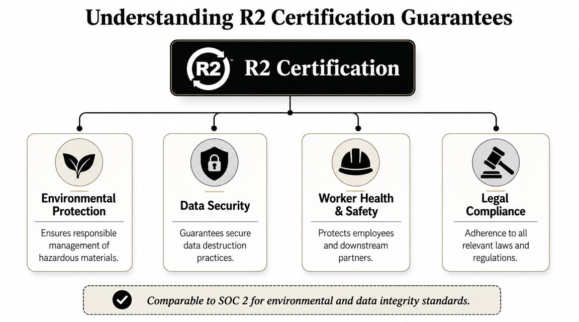 A diagram explaining R2 certification guarantees, highlighting environmental protection, data security, worker safety, and legal compliance.