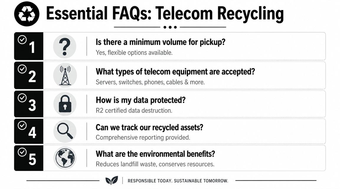 An infographic titled Essential FAQs: Telecom Recycling, outlining five common questions regarding telecom equipment disposal services.