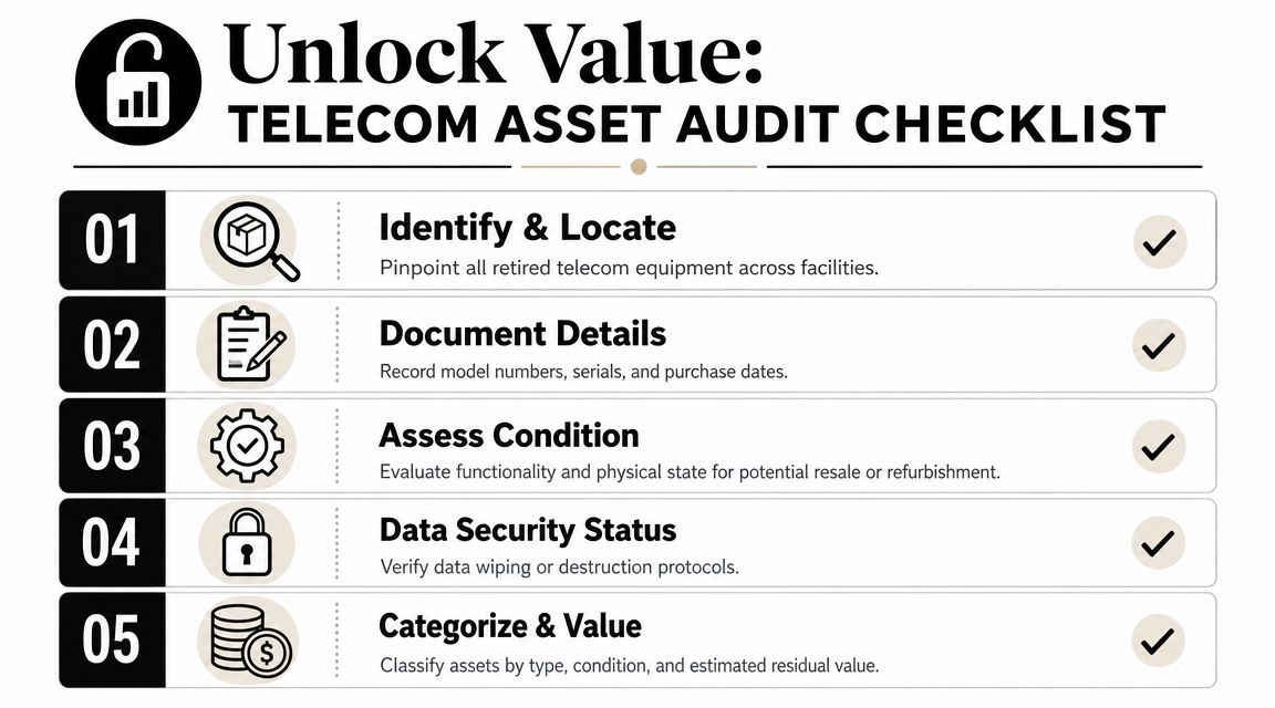 A checklist infographic detailing the five steps for a telecom asset audit to unlock equipment value.